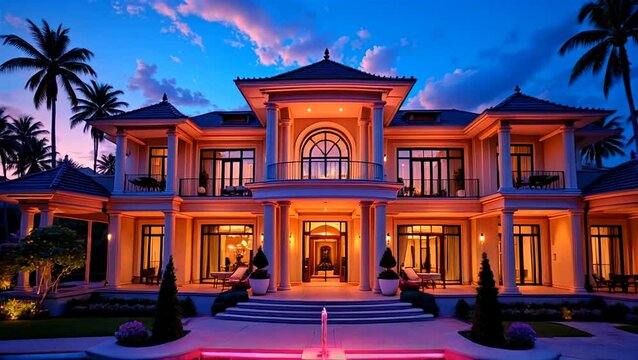Luxurious Villa at Sunset: A stunning palatial villa illuminated against the vibrant hues of a twilight sky, offering a glimpse into opulence and architectural grandeur.