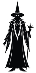 Black silhouette of a wizard isolated on a white background