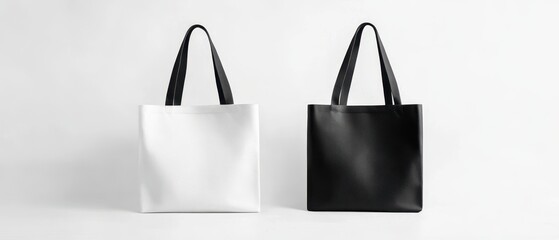 Minimalist black and white tote bags on a white background.