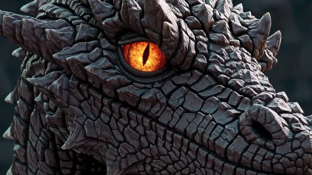 Fierce mythical dragon head featuring menacing orange-glowing eye slowly blinking, revealing scaled reptilian skin with powerful, mysterious presence