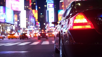 Nighttime city scene featuring a sleek car parked on a busy street illuminated by vibrant billboards