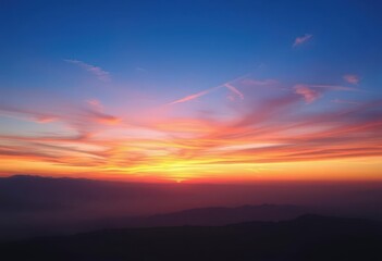 Vibrant sunset gradient sky over hazy, indistinct mountain range, scenic, purple