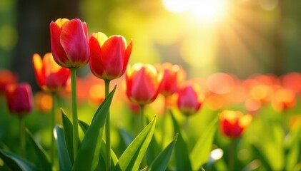 Vibrant tulips bloom in a sun-drenched meadow, Easter spring scene , flowers, sun, happy