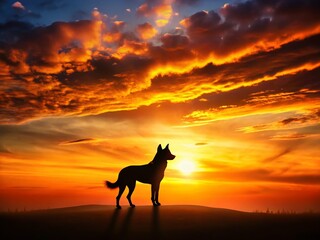 Fototapeta premium Black Silhouette of Barking Dog at Sunset, Aerial View