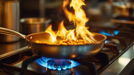 Flaming cooking process in commercial gas stove.