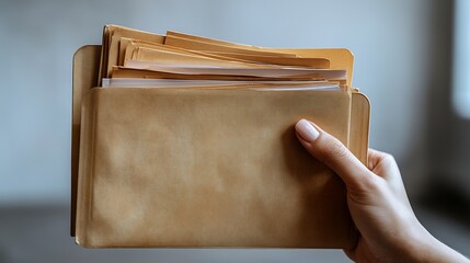 Hand gripping a manila folder with paper documents showing how office workers organize paperwork for easy access with a white background