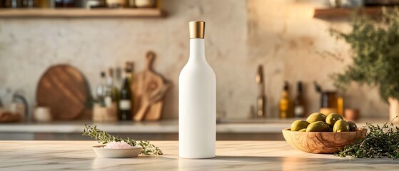 Elongated White Ceramic Olive Oil Bottle with Gold Stopper, Marble Kitchen Island, Green Olives in Bowl. Copy space. Fine dining. Generative AI
