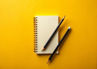 Blank Notebook, Pencils, Yellow Background - Creative Stationery Mockup