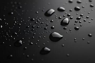 Close-up of water droplets on a smooth black surface, creating a serene pattern.