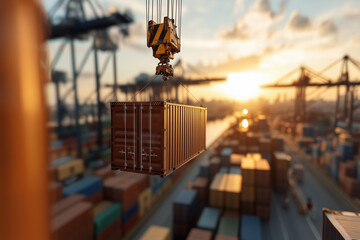 Crane is lifting a cargo container in a busy port at sunset, symbolizing international trade, tariffs, and the complex global supply chain, with potential impacts on import and export activities