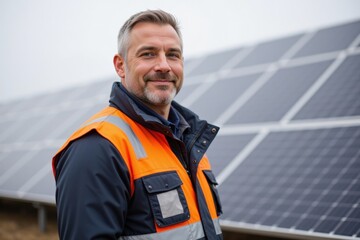 Middle-aged Caucasian male engineer in safety gear smiling confidently in front of solar panels in a renewable energy solar farm, promoting sustainable technologies and energy solutions.