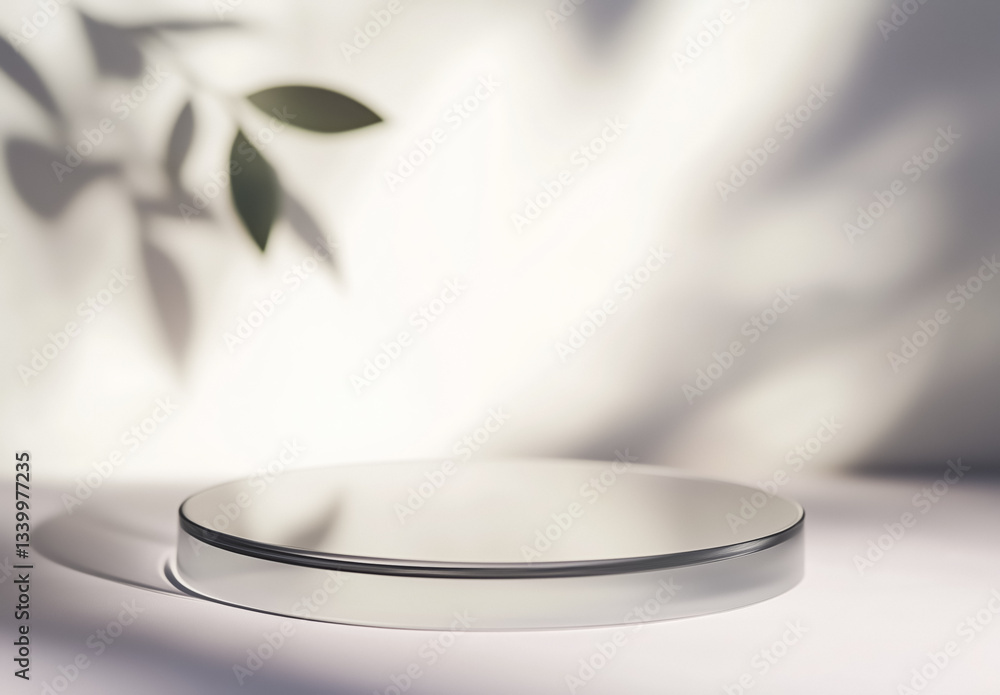 Poster minimalist glass podium is elegantly displayed with soft shadows of leaves in background, creating s