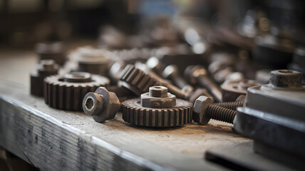 Naklejka premium Rusty metal gears and bolts scattered on a wooden workbench, symbolizing mechanical wear and repair, industrial maintenance, and vintage machinery concepts.