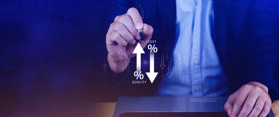 Cost and quality control concept. Quality increase and cost optimization for products or services...
