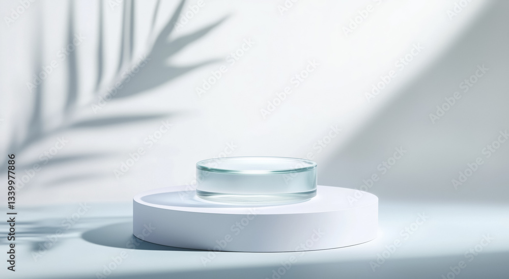 Poster transparent glass circular podium sits elegantly on white platform, casting soft shadows with minima