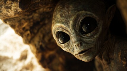 Alien creature with large eyes in dim cave, mysterious encounter concept