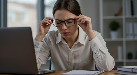 Fototapeta premium Tired Businesswoman Adjusting Glasses at Desk, Eye Strain and Fatigue