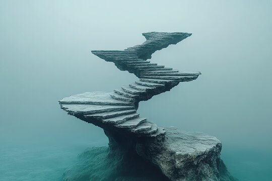 Stone Staircase Ascending From Misty Ocean Rock Formation