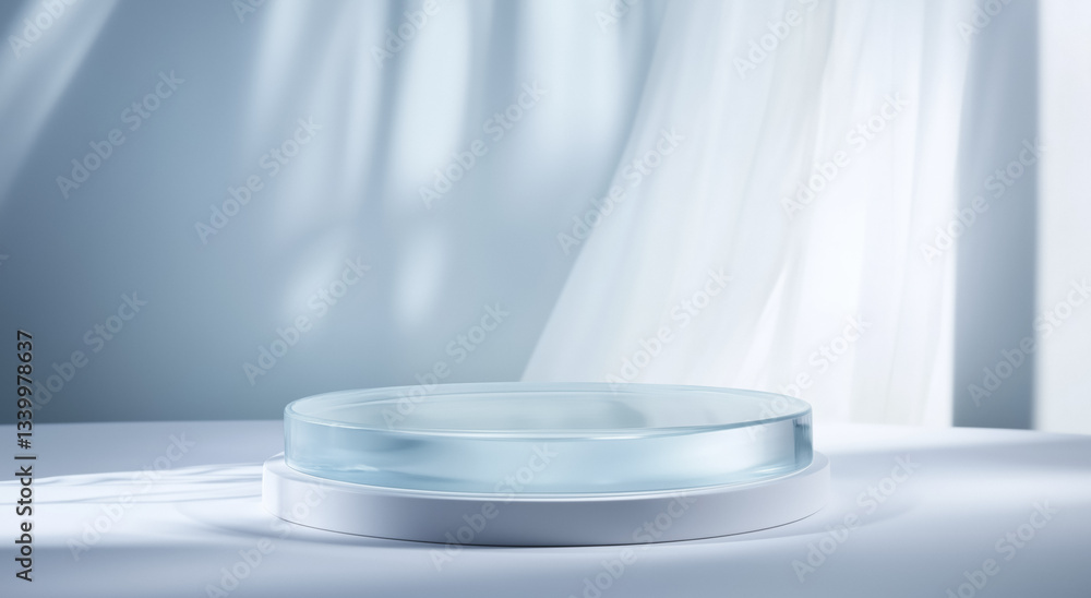 Poster transparent glass circular podium is elegantly displayed in bright space with soft light filtering t