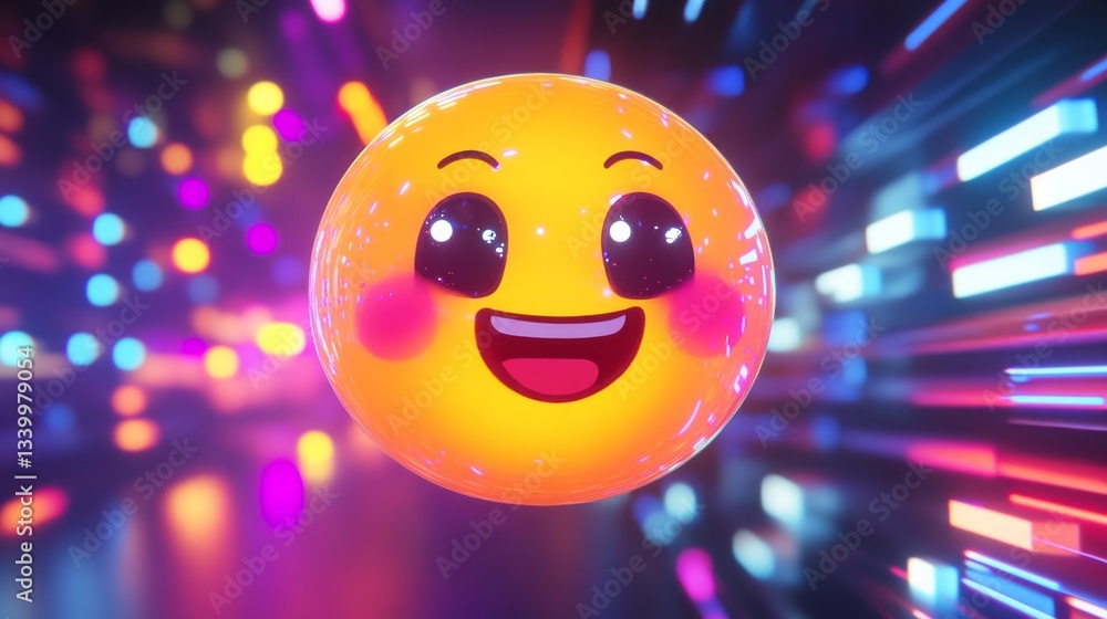 Aufkleber Smiling emoji in vibrant neon colors with digital background. Digital art and fun concept