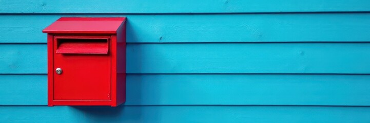 Bright red mailbox on a faded blue plank wall , post office, mailbox post, wooden background