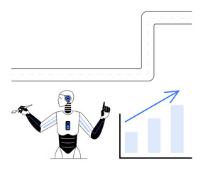 Robot holding pen and gesturing upwards towards growth chart beside a road bend. Ideal for technology, AI innovation, data analysis, robotics, strategy, decision-making, progress. Flat simple