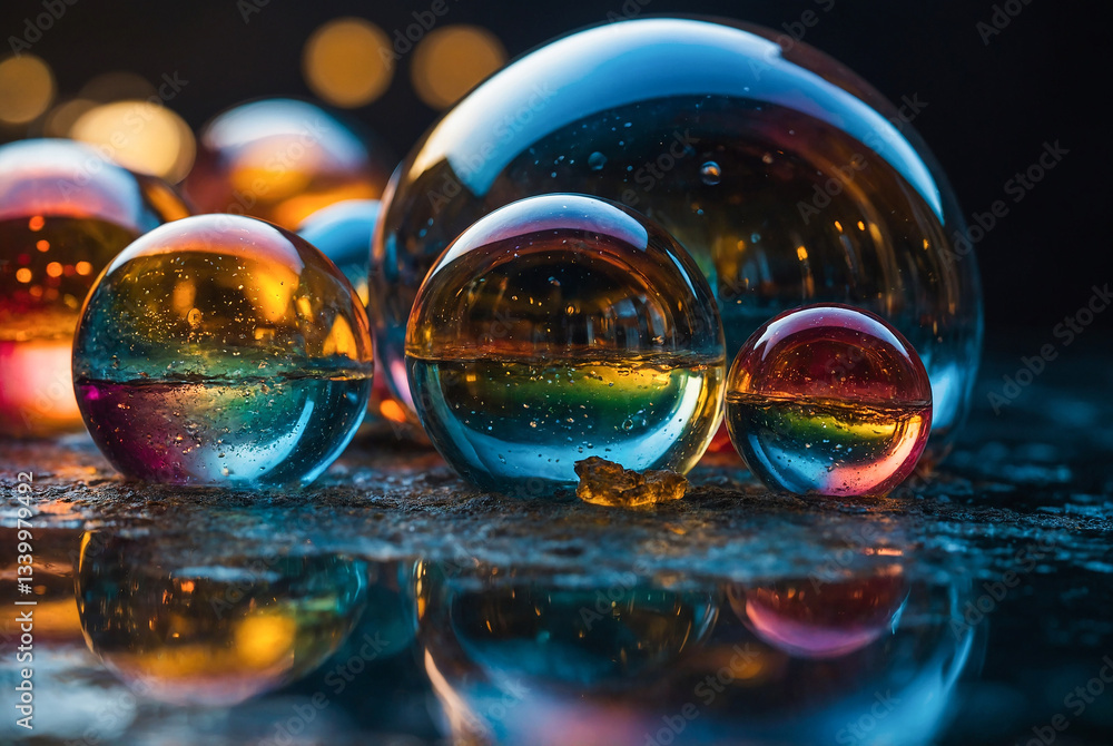 Aufkleber cluster of floating transparent spheres casting colorful reflections