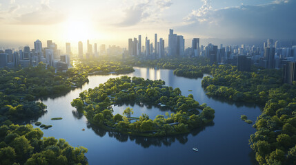 Naklejka premium visionary scene of sustainable future city with lush greenery and water bodies, surrounded by modern skyscrapers under bright sky, showcasing harmony between nature and urban life