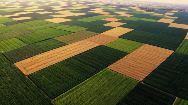 Aerial view capturing ripening crops forming geometric patterns across expansive farmland during golden harvest season, revealing natural landscape beauty