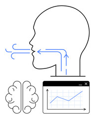 Side profile of human head with airflow arrows, brain illustration, and data chart. Ideal for health, breathing, neuroscience, analytics, education mental health and medical research. Flat simple