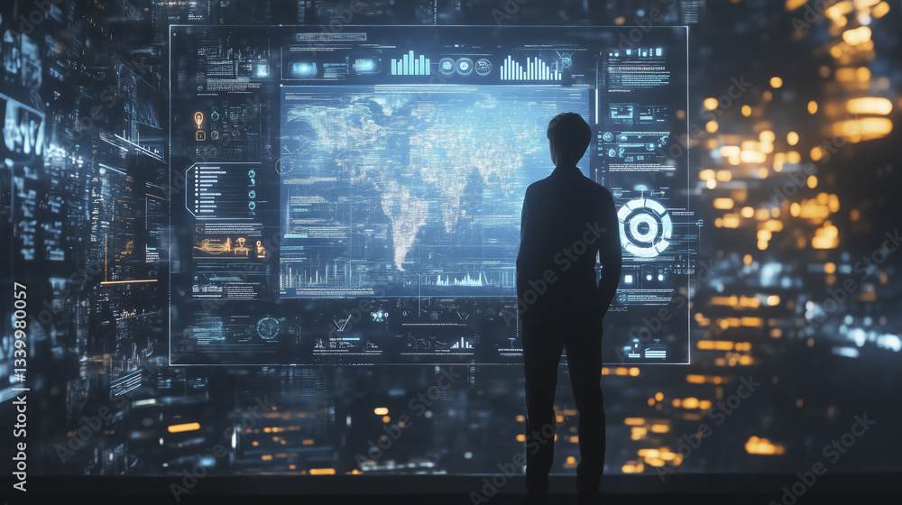 Poster person stands in front of large digital screen displaying data and world maps, surrounded by futuris