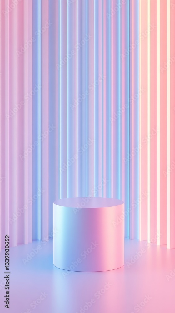 Poster Pastel colored abstract background with round podium and vertical stripes. Minimalism art concept