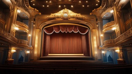 Fototapeta premium Grand theater interior with ornate gold detailing and stage curtains