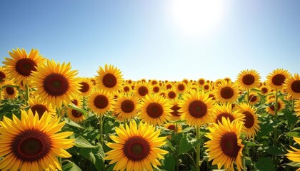Obraz premium Vast sunflower field under bright sun, swaying gently in breeze, beauty, farm