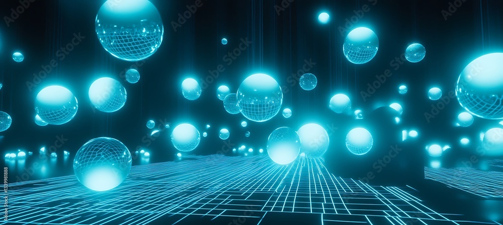 Aufkleber cyan neon spheres floating in dark space with a glowing grid below and a futuristic background.