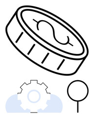 Coin with dollar imprint, gear representing industry, and a location pin. Ideal for finance, innovation, commerce, economy, process management logistics location. Flat simple metaphor