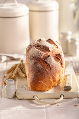Small and fresh loaf of rye bread on board .