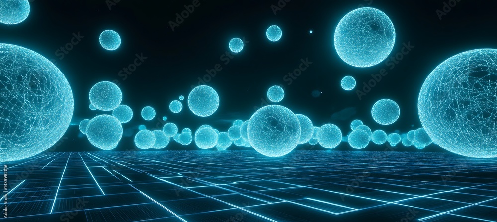 Poster cyan neon spheres floating in dark space with a glowing grid below and a futuristic background.
