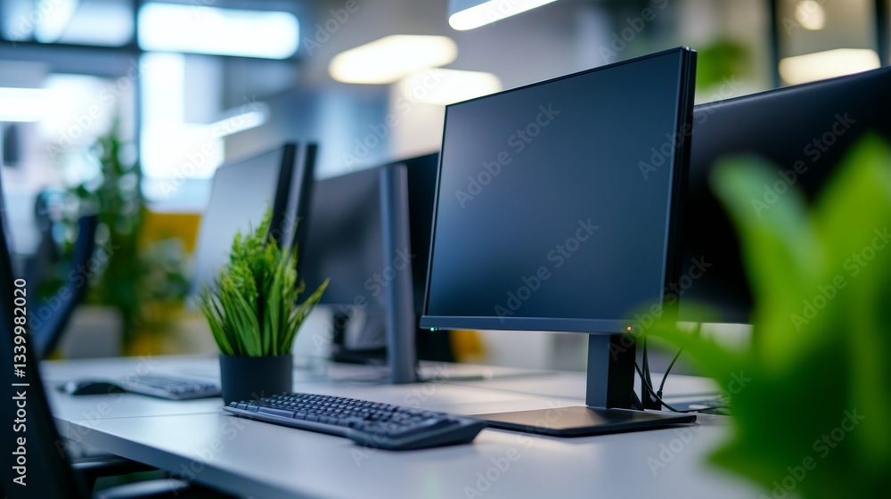 Poster modern office workspace featuring sleek computers and greenery for a productive environment