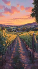 Naklejka premium Vineyard vista at sunset, A picturesque scene in tranquil wine country