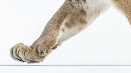 CloseUp of a Feline Paw in MidStep Highlighting Soft Fur and Sharp Claws on a Clean White Ba