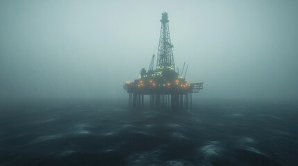 Obraz premium Oil Rig in Misty Sea: A Lone Structure in a Foggy Ocean