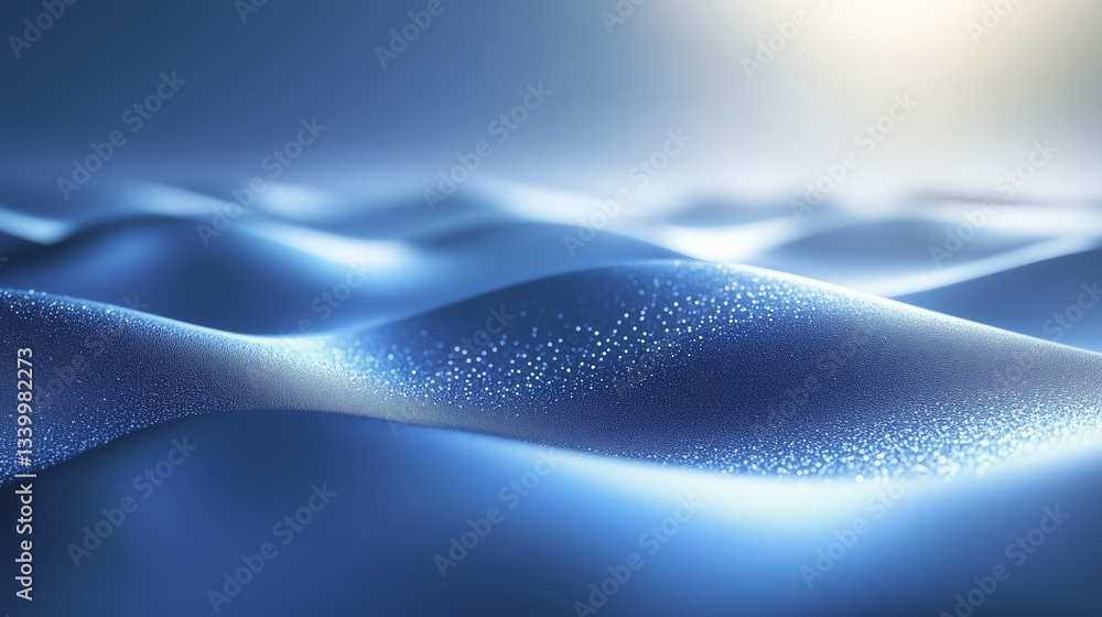 Poster serene landscape of smooth, undulating blue waves with soft light and sparkling texture creates tran