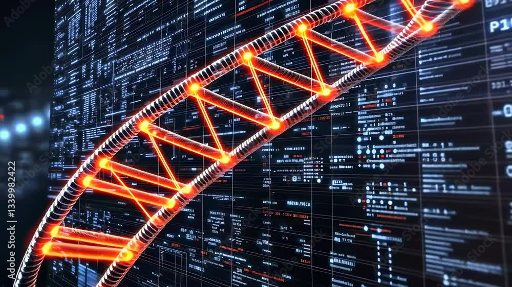 Poster futuristic dna helix against illuminated data interfaces