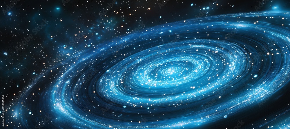 Poster glowing cyan spirals expanding into a vast cosmic backdrop full of stars and mysterious deep space l