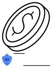 Coin with dollar symbol conveys finance GDPR shield signifies data protection. Ideal for digital security, online commerce, privacy laws, financial services, compliance, secure interactions, flat