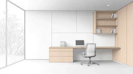 Fototapeta premium Modern Minimalist Home Office Design Sketch: A serene workspace with natural light and simple aesthetic.