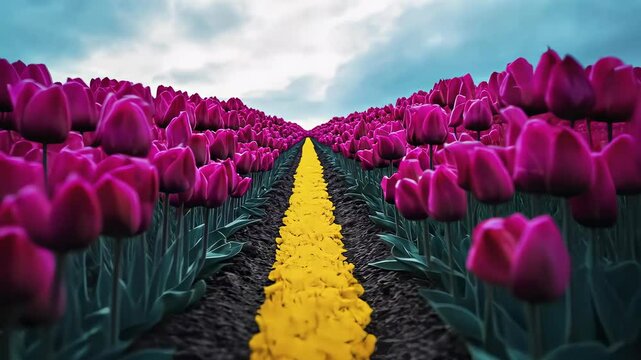 Vibrant tulip field with a striking yellow path