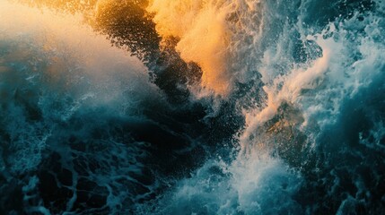 Fototapeta premium Oceanic turbulence with sunlight creating golden hues on frothy surf