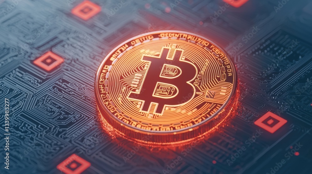 Poster digital representation of bitcoin on a circuit board.